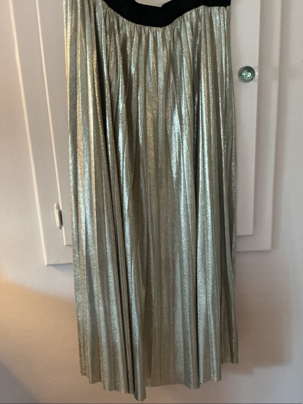 Metro Wear Shimmery Silver Pleated Maxi Skirt with Black Waistband